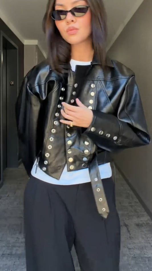 Luxury Vintage Black Studded Cropped Leather Jacket