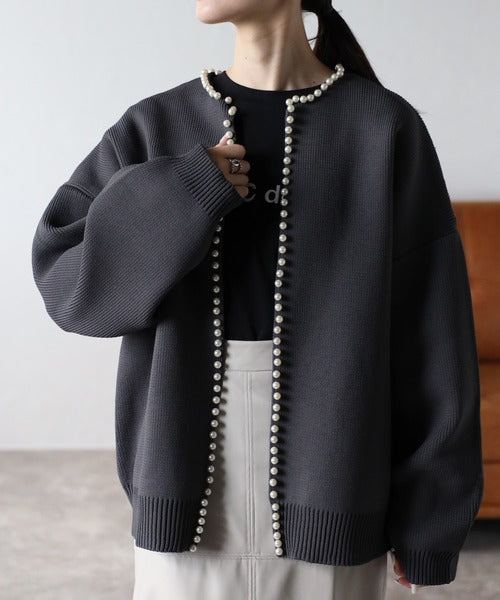 Chic Vintage Charcoal Pearl-Trim Knit Cardigan