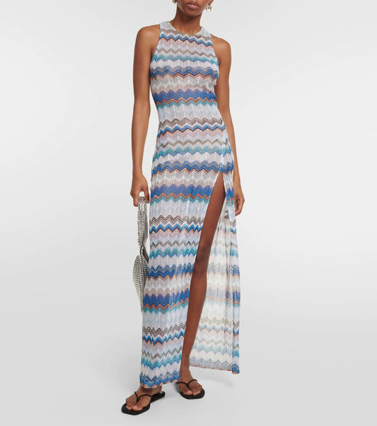 Sophisticated Chevron Striped Knit Halter Maxi Dress