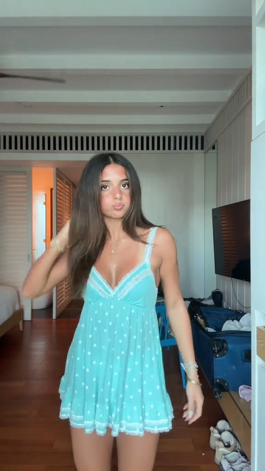 Glam Mint Polka Dot Lace Trim Cami Mini Dress