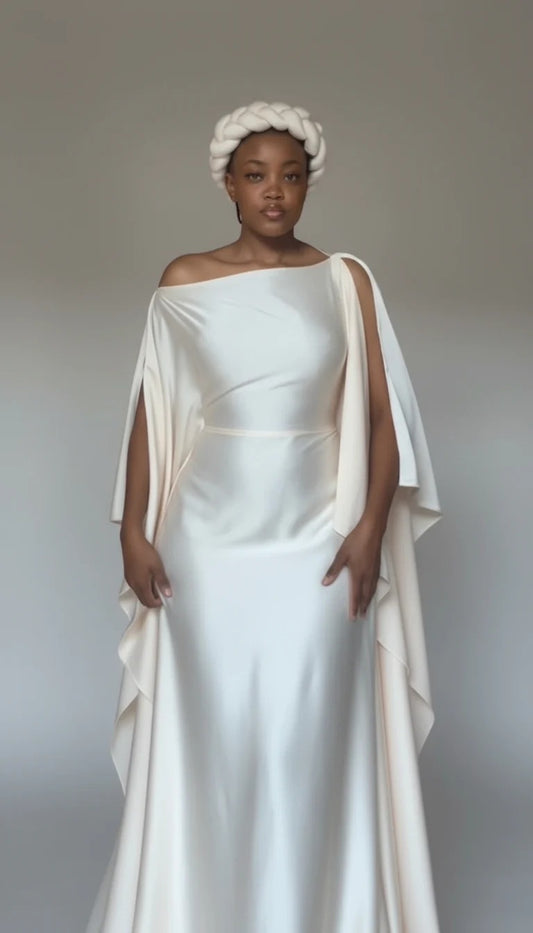 Celestial Draped Satin Cape Gown