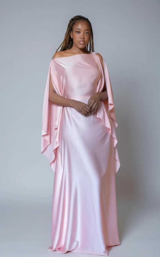 Celestial Draped Satin Cape Gown